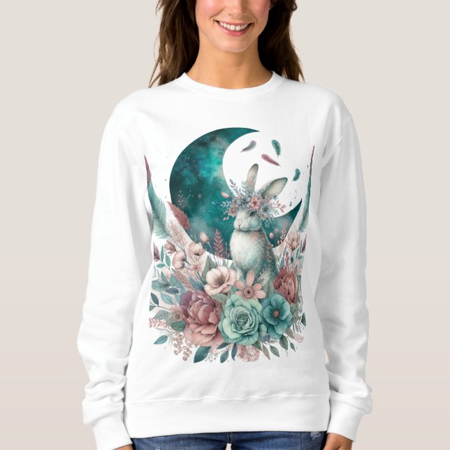 Moletom Boho Moon Flowers Teal e Mauve Bunny Sweatshirt (Frente)