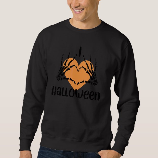 Moletom Bonito Eu Amo O Halloween  Mãos e Coração de Esque (Frente)