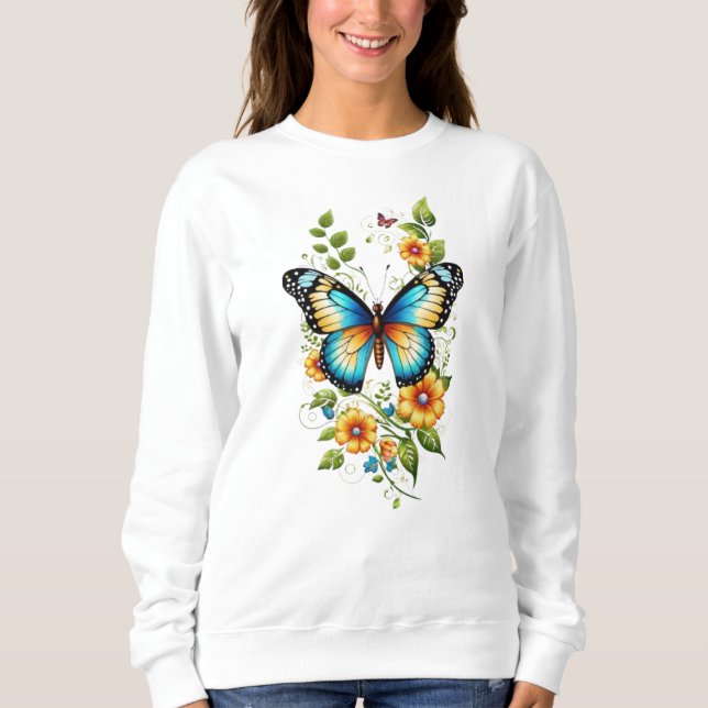 Moletom Borboleta Azul e Blooms Amarelos-45871 Hoodie (Frente)