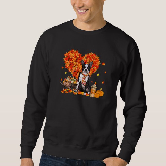Moletom Boston Terrier Autumn Tree Fall Leaves Pumpkin Dog (Frente)