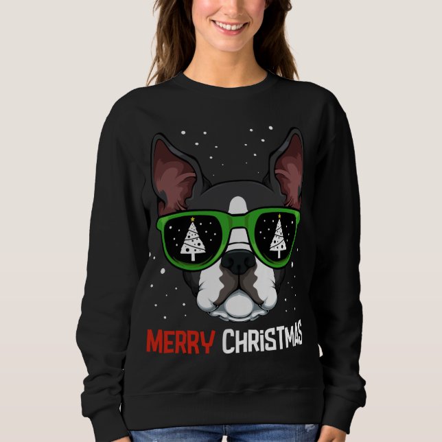 Moletom Boston Terrier Christmas Pajama Dog Sunglass X-M (Frente)