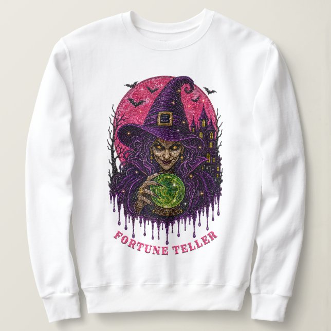Moletom Bruxa Bola de Cristal Chapéu Roxo Rhinestone Beade (Frente do Design)