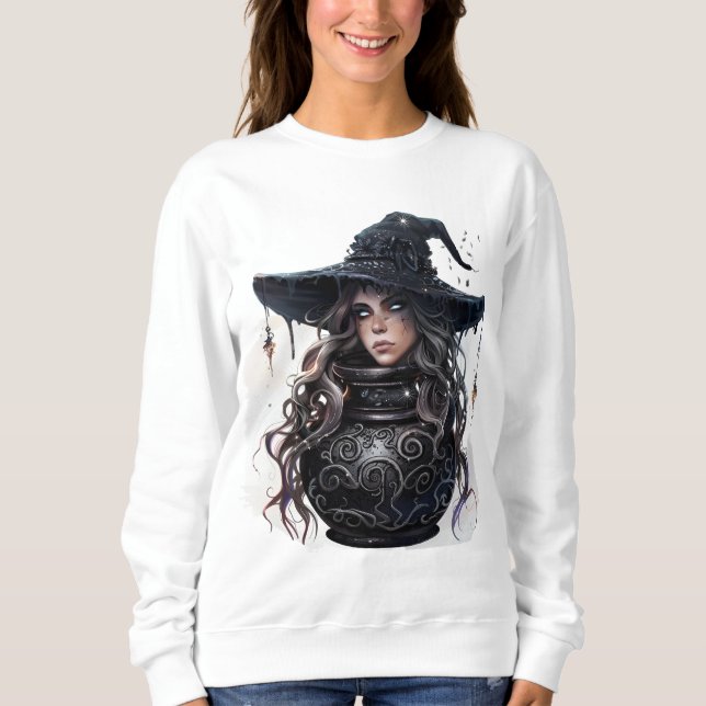 Moletom bruxa de chapéu assustadora em cima de um vidro (Frente)