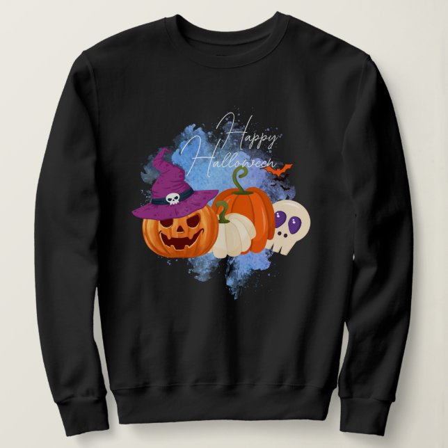 Moletom Bruxa Pumpkin e Skulls Hoodie, Feliz Halloween (Frente do Design)