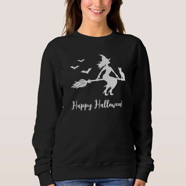 Moletom Bruxa Voadora Silhueta Com Gato & Morcegos Hallowe (Frente)