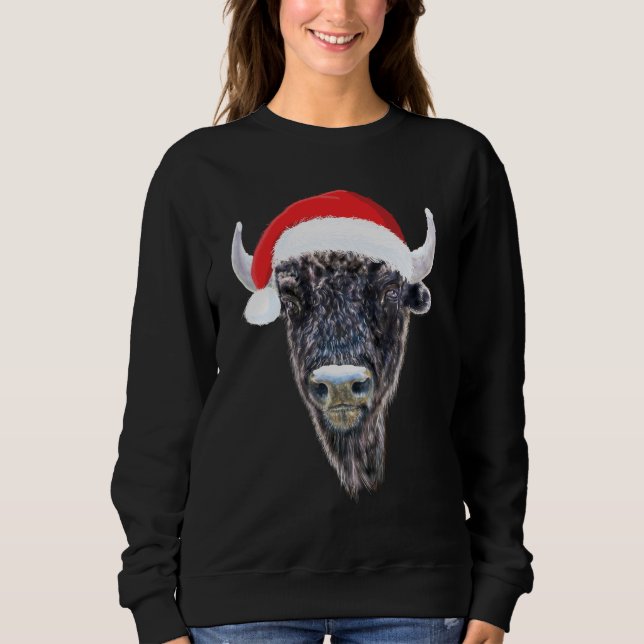 Moletom Buffalo de Natal Vestindo Um Chapéu Festivo Do Pap (Frente)