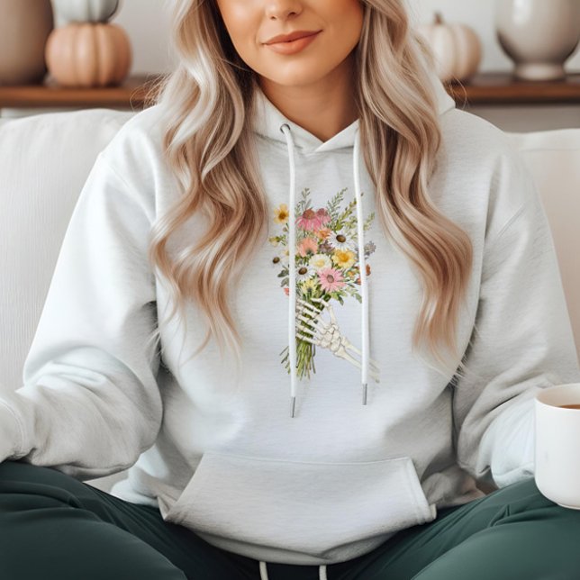 Moletom Buquê de Flores Silvestres Mão Esqueleto Floral Co (Floral Skeleton Hand Wildflower Bouquet Heart Hoodie)
