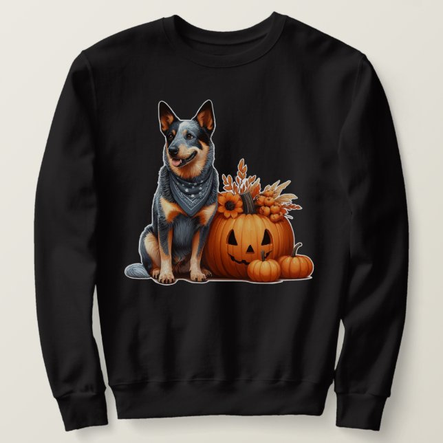 Moletom Cachorro australiano ao lado de um Jack O-Lanterna (Frente do Design)