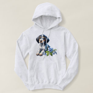 Moletom Cachorro Azul de Caça com Flores Azuis Delicadas