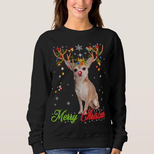 Moletom Cachorro Chihuahua Engraçado Com Antlers Feliz Nat (Frente)