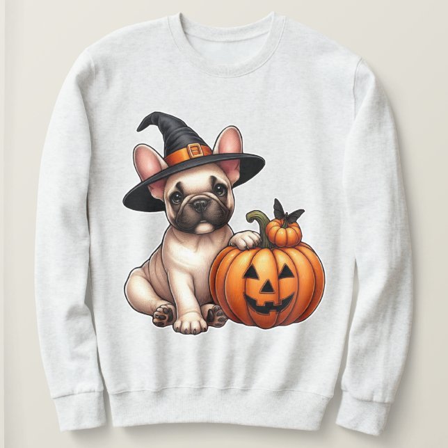Moletom Cachorro francês no Chapéu das Bruxas com Pumpkin (Frente do Design)