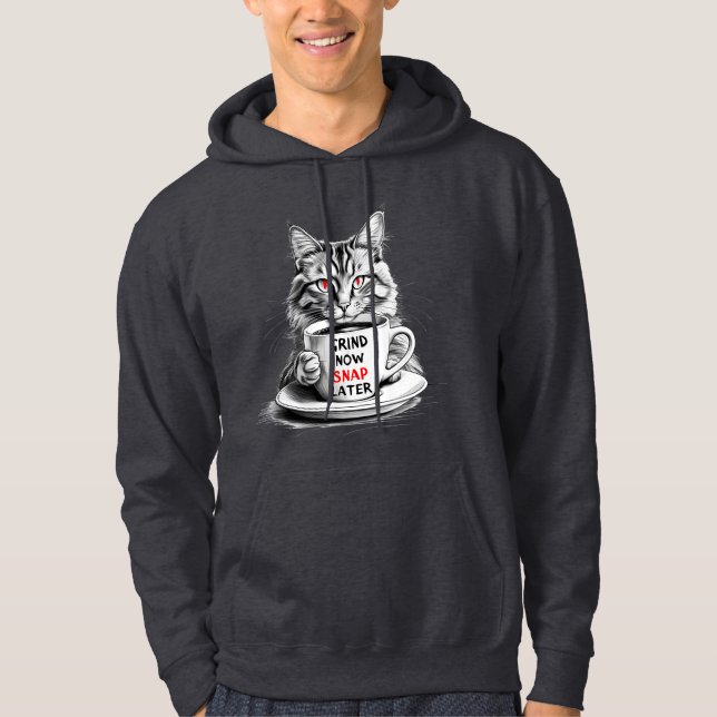 Moletom Café Grumpy Gato Hoodie com Bold Caffeine Quote (Frente)