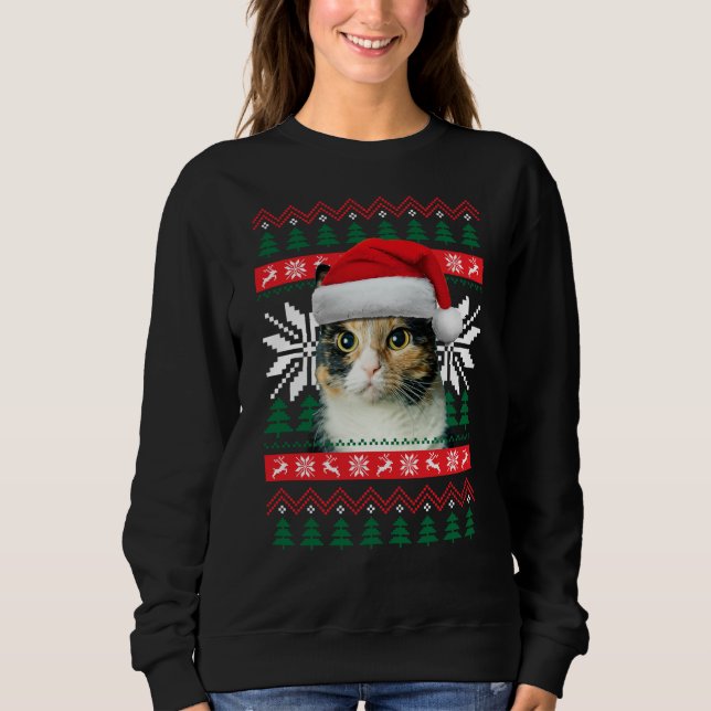 Moletom Calico Cat Ugly Christmas Sweater Style Santa Hat (Frente)