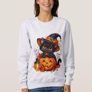 Moletom Camisola Básica de Halloween Abóbora Gato Preto Fo
