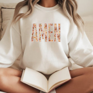Moletom Camisola Cristã “Amém” com Flores Costuradas Falsa