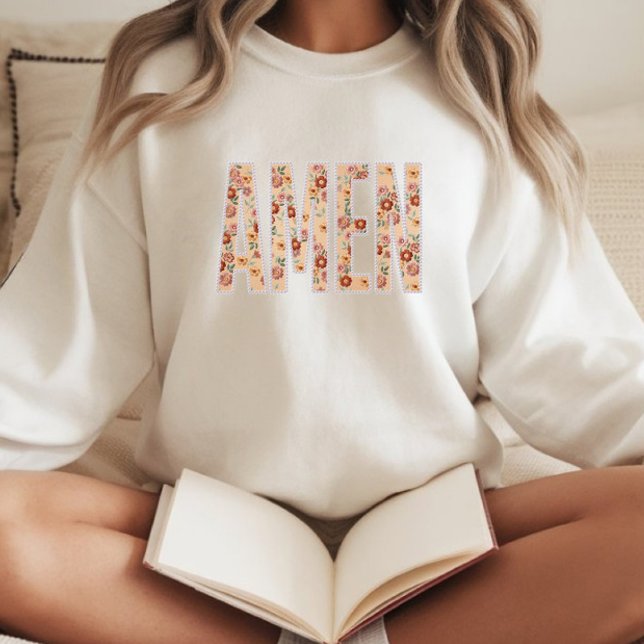 Moletom Camisola Cristã “Amém” com Flores Costuradas Falsa (Criador carregado)