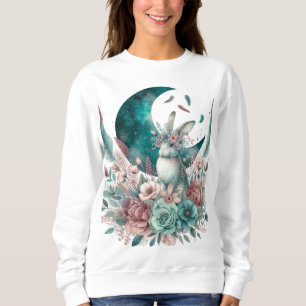 Moletom Camisola de coelho Boho Moon Flowers em tons de az