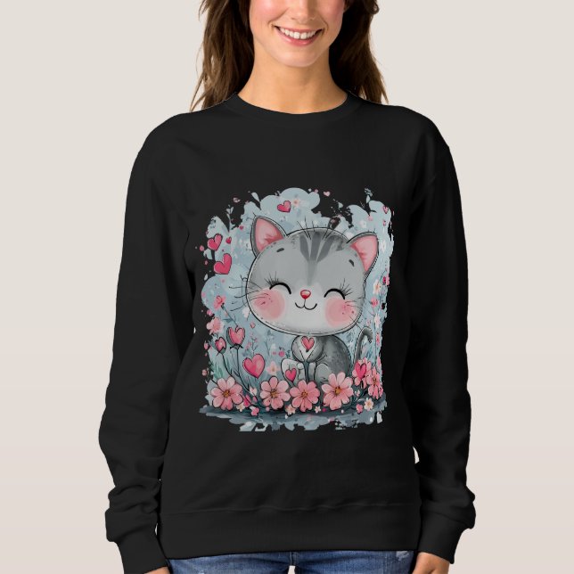 Moletom Camisola de gato cáustica - Gatinho Floral Adoráve (Frente)