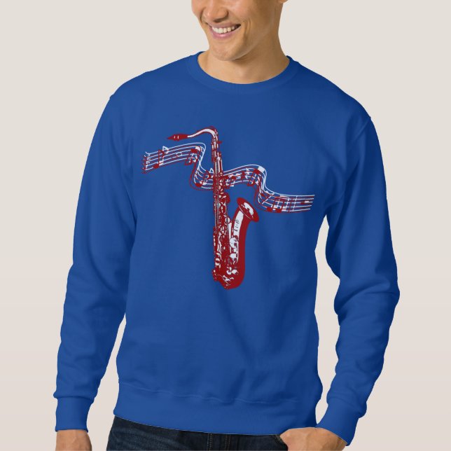 Moletom Camisola de tema musical Saxofone Vermelho e notas (Frente)