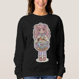 Moletom Camisola Preta Kawaii Neko Cafe Chibi Anime Girl