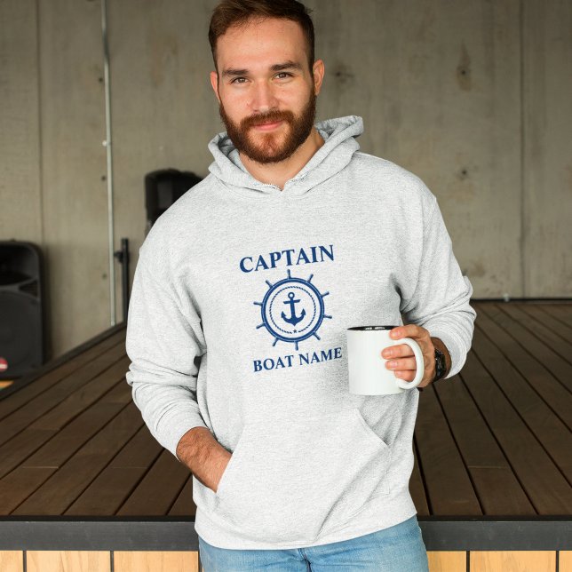 Moletom Capitão Boat Name Anchor Rope Helm Cinza Náutica (Customize to change text size. Choose from a variety of shirt colors and styles.)