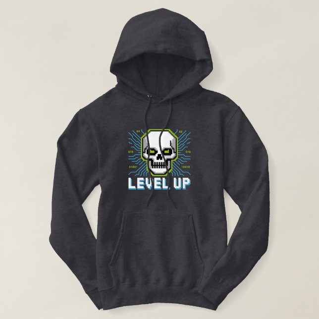 Moletom Capuz de Caveira de Jogador com Pixel Retro Nivela (Frente do Design)
