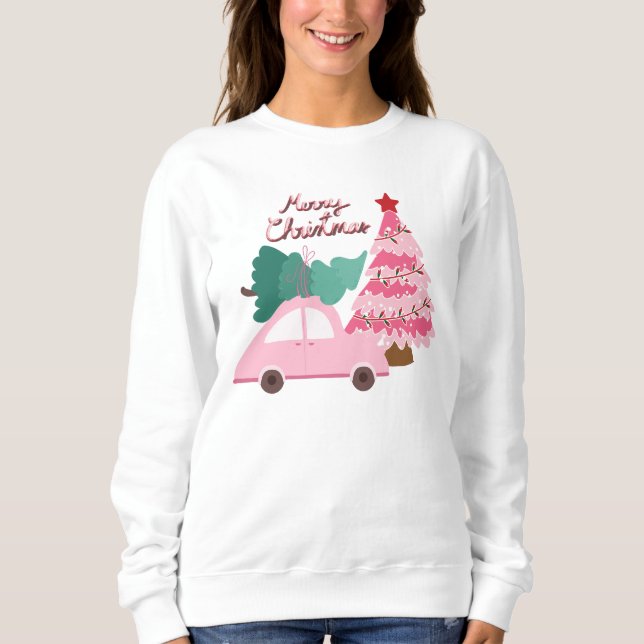 Moletom Carro rosa e verde com árvore de Natal (Frente)