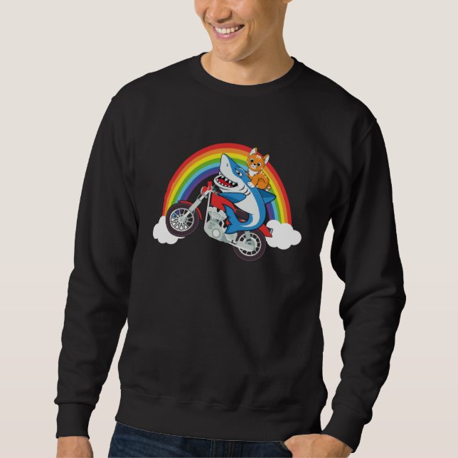 Moletom Cat And Shark Riding Motorcycle With Rainbow Graph (Frente)