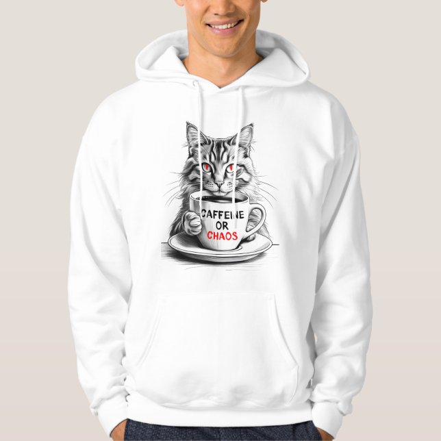 Moletom Cat Coffee – Caffeine or Chaos Funny Quote Hoodie (Frente)