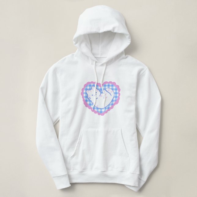 Moletom Cat in a Blue Gingham Heart  (Frente do Design)
