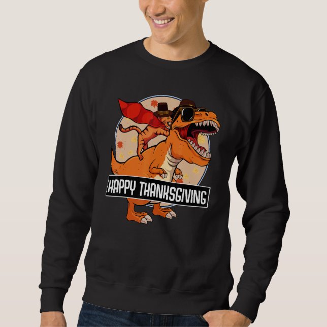 Moletom Cat Riding Dinosaur Happy Thanksgiving Day Cute re (Frente)
