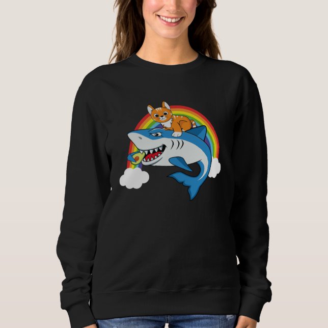 Moletom Cat Riding Shark Eating Avocado With Rainbow For C (Frente)