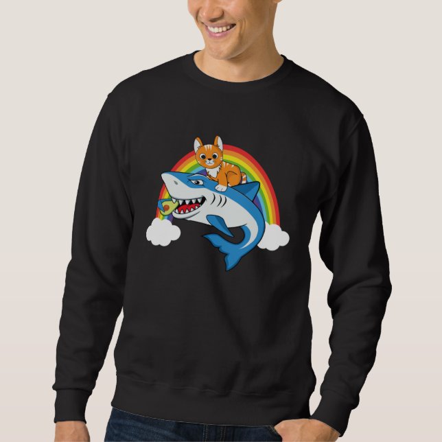 Moletom Cat Riding Shark Eating Avocado With Rainbow For C (Frente)