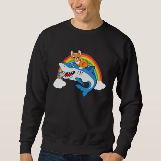 Moletom Cat Riding Shark Eating Ice Cream Rainbow For Cat (Frente)