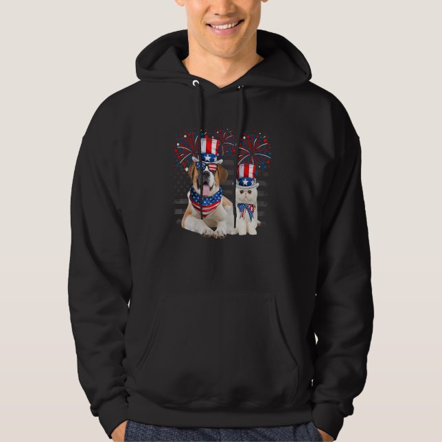 Moletom Cat With St Bernard Sunglasses American Flag 4th O (Frente)