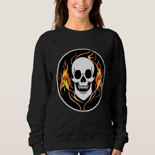 Moletom Caveira de Vampiro Sorridente Com Fogo Em Preto e  (Frente)
