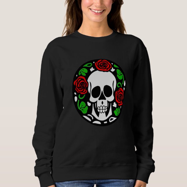 Moletom Caveira Fofa com Rosas em Gráfico de Círculo Preto (Frente)