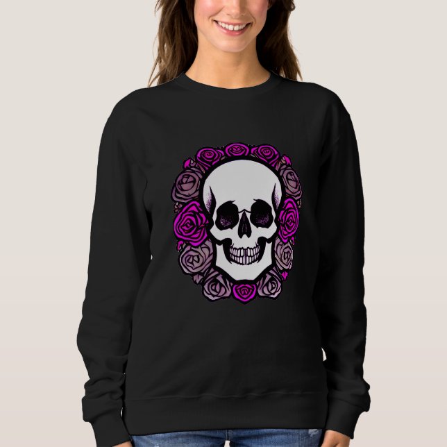 Moletom Caveira Sorridente com Gráfico de Rosas Rosa e Rox (Frente)