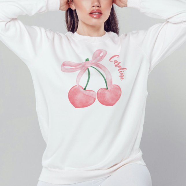 Moletom Cereja branca com estética de Arco rosa (Coquette sweatshirt, cute bow and cherries coquette clothing shirt with personalized monogram name)