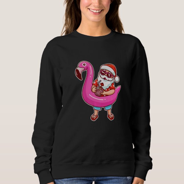 Moletom Christmas In July  Santa Flamingo Summer Hawaiian  (Frente)