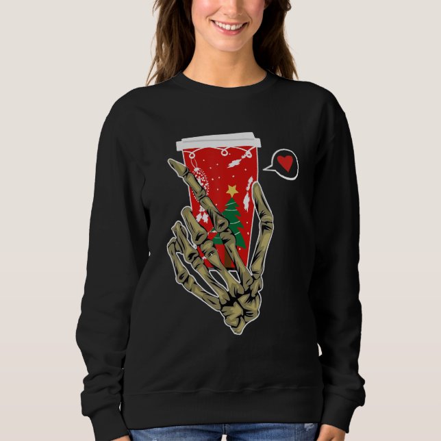 Moletom Christmas Skeleton Hand Drinking Coffee Latte Paja (Frente)