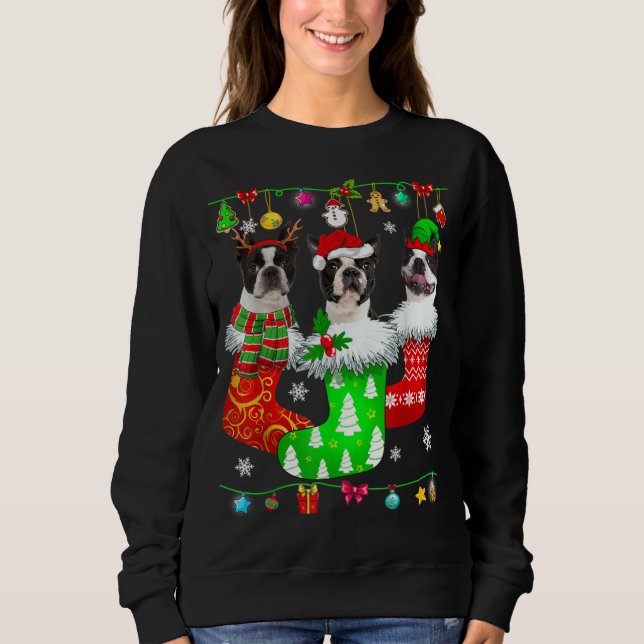 Moletom Christmas Socks Pajama Boston Terrier Dog Puppy Lo (Frente)