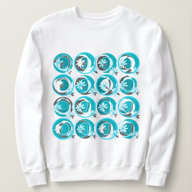 Moletom Círculos de Destaque Flores de Fundo Branco-Teal (Frente do Design)