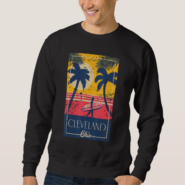Moletom Cleveland Ohio Retro Palm Trees Surf Distressed De (Frente)