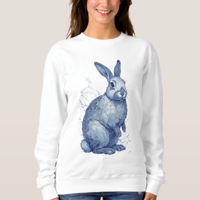 Moletom Coelho Azul Com Rachaduras Douradas de Kintsugi (Frente)