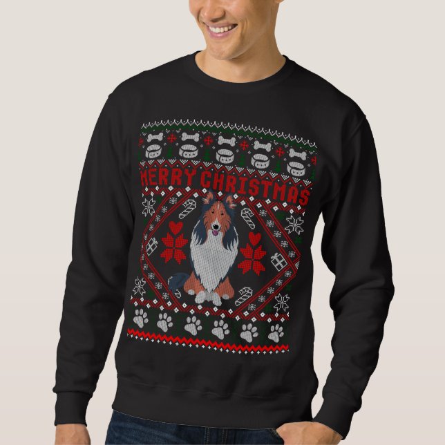 Moletom Collie Dog Felry Christmas Ugly Sweater Engraçado  (Frente)
