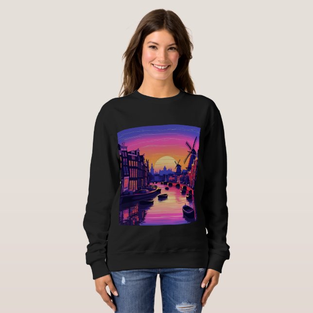 Moletom Colorful Amsterdam Sunset – Dutch Canal & Windmill (Frente Completa)
