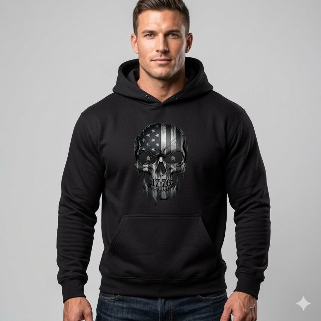 Moletom com Crânio da Bandeira Americana de 1776 | (Honor the Republic in style with this 1776 Distressed American Flag Skull Hoodie. 250 Years Strong!)