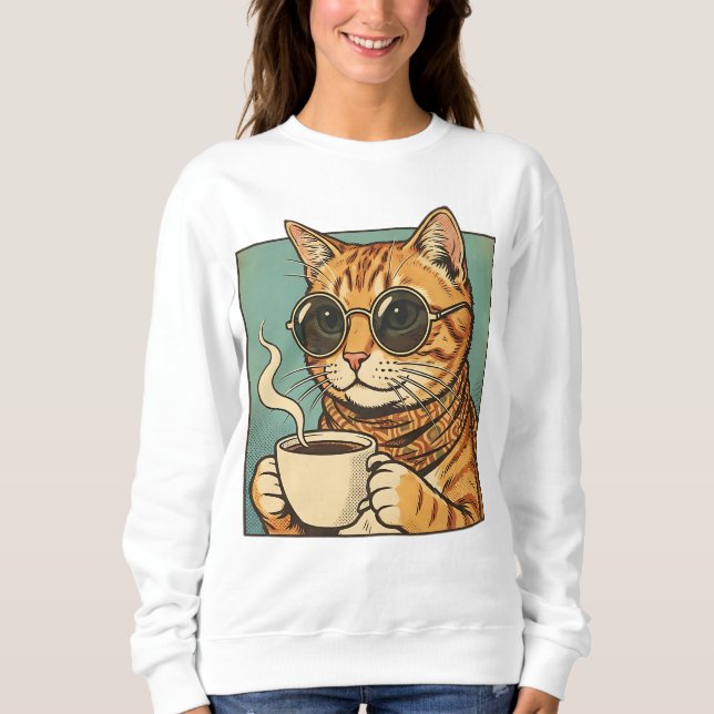 Moletom Cool Cat Coffee Retro Style Design for Cat Lovers (Frente)