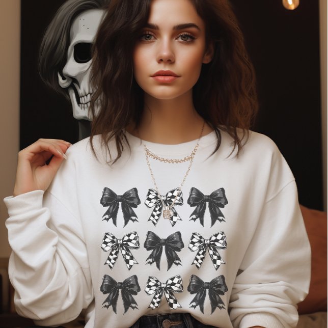 Moletom Coquette de arcos Preto Preto de Halloween (Dark Halloween Black checked bows Coquette Sweatshirt)